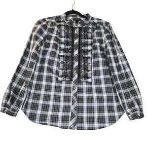 J Crew‎ Womens XS Plaid Button Up Shirt Sequins Green Blue Round Hem Lace Casual